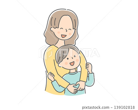 An illustration of a mother hugging her son from behind. An illustration of a mother hugging her son from behind. 139102818