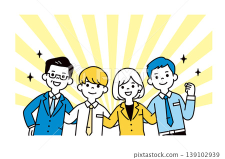A vector illustration of the upper bodies of a company president/manager and several male and female employees working together as a team. 139102939