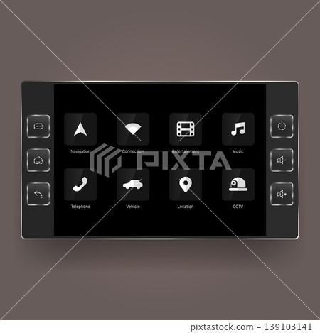 Car infotainment interface dashboard with app icons dark theme Car infotainment interface dashboard with app icons dark theme 139103141