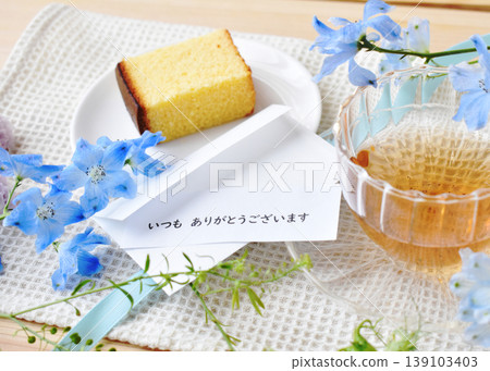 Thank you always. A message of gratitude and delicate blue flowers. 139103403