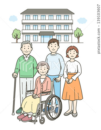 一位坐在輪椅上的老婦人、一位拄著拐杖的老翁和一對年輕夫婦站在一家養老院前。 139103607