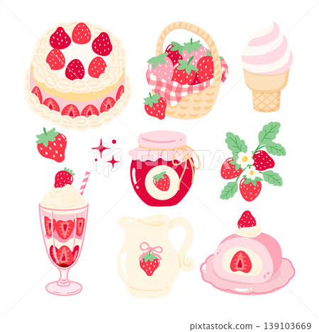 Cute strawberry dessert cake and ice cream collection 139103669