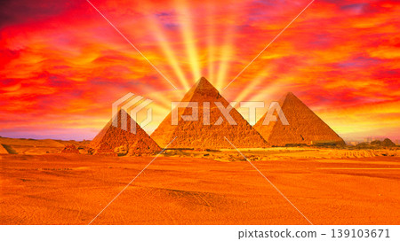 Sunset view of the three Great Pyramids of Giza, a World Heritage Site. Sunset view of the three Great Pyramids of Giza, a World Heritage Site. 139103671