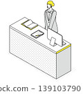 Isometric line drawing illustration of a female staff member standing at the reception counter. 139103790
