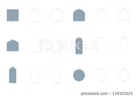 Geometric Shape Set: Arch, House, Circle, and Square Shapes - Fill, Line, and Double Line Variations - Dull Blue Geometric Shape Set: Arch, House, Circle, and Square Shapes - Fill, Line, and Double Line Variations - Dull Blue 139103825
