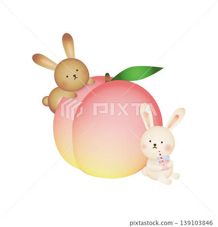 Illustration of a peach and two rabbits drinking peach juice. Cute animal image. 139103846