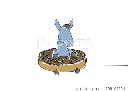 One line drawing of adorable donkey for food concept features playful cute animal sitting inside glazed donut. Colorful graphic for nursery wall poster purpose with charming farm livestock mammal One line drawing of adorable donkey for food concept features playful cute animal sitting inside glazed donut. Colorful graphic for nursery wall poster purpose with charming farm livestock mammal 139104334