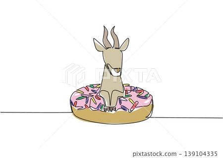 Single line drawing cute safari animal shows playful tan antelope sitting inside sweet donut for pastry food concept. Colorful art is perfect for kids stationery purpose with an adorable savanna fawn Single line drawing cute safari animal shows playful tan antelope sitting inside sweet donut for pastry food concept. Colorful art is perfect for kids stationery purpose with an adorable savanna fawn 139104335
