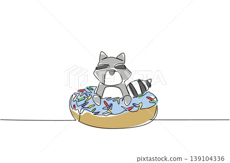 One line drawing of colorful raccoon depicts cute playful animal sitting inside glazed donut for food concept. Charming gray raccoon design for kids wall decor purpose with forest bandit wild beast One line drawing of colorful raccoon depicts cute playful animal sitting inside glazed donut for food concept. Charming gray raccoon design for kids wall decor purpose with forest bandit wild beast 139104336