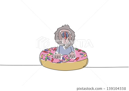 Single line draw of bright rainforest mandrill for pastry food concept features playful cute animal sitting inside donut. Colorful art represents kids storybook cover purpose with charming jungle ape 139104338