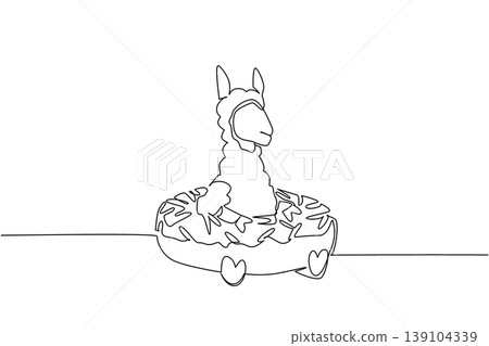 Single line drawing of adorable alpaca features wild fluffy mount animal sitting inside donut for a food concept. Minimalist design represents kids stationery purpose for an international wildlife day Single line drawing of adorable alpaca features wild fluffy mount animal sitting inside donut for a food concept. Minimalist design represents kids stationery purpose for an international wildlife day 139104339