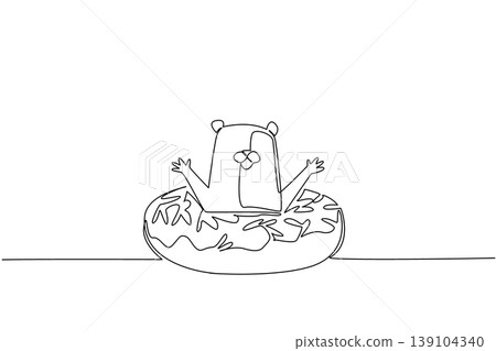Single line drawing of adored hamster for sweet food concept shows cute furry animal sitting inside donut. Simple sketch fits coloring page purpose for international rodent pet day theme in kids art Single line drawing of adored hamster for sweet food concept shows cute furry animal sitting inside donut. Simple sketch fits coloring page purpose for international rodent pet day theme in kids art 139104340