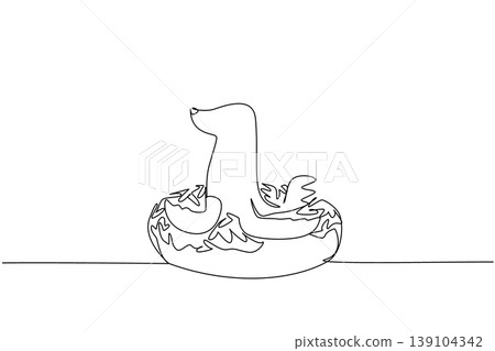 Single line drawing of sea lion shows cute ocean animal sitting inside glazed donut for pastry food concept. Unique design of charming marine mammal for nursery poster purpose in minimalist style art 139104342