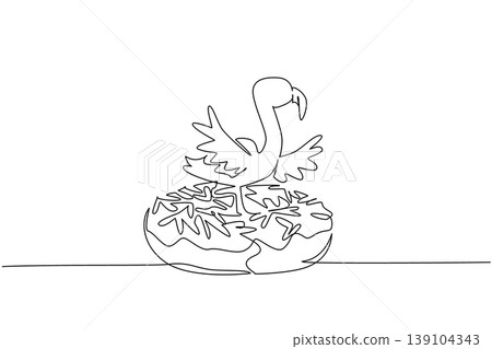 Continuous line drawing of cute adorable flamingo depicts winged beauty animal sitting inside donut for food concept. Simple illustration fits kids stationery purpose for every exotic bird lover Continuous line drawing of cute adorable flamingo depicts winged beauty animal sitting inside donut for food concept. Simple illustration fits kids stationery purpose for every exotic bird lover 139104343