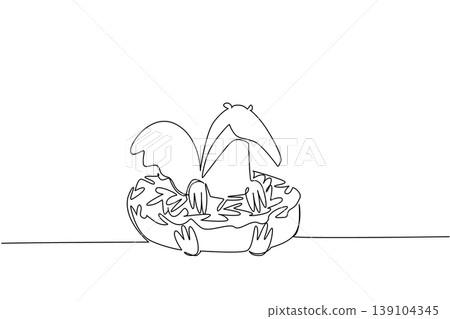 Single line drawing of adored giant anteater for pastry food concept shows playful animal lying inside donut. Simple sketch fits kids wall decor purpose for international forest wildlife day theme art Single line drawing of adored giant anteater for pastry food concept shows playful animal lying inside donut. Simple sketch fits kids wall decor purpose for international forest wildlife day theme art 139104345