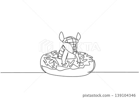 Continuous line drawing of strong armadillo shows cute armored animal sitting inside donut for pastry food concept. Unique design of charming mammal for kids wall decor purpose in minimalist style art 139104346