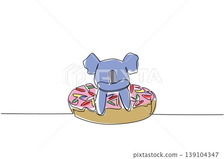 One line drawing of adorable koala for food concept features cute charming marsupial animal sitting inside donut. Colorful graphic for kids wall decor purpose with the grey wild Australian creature One line drawing of adorable koala for food concept features cute charming marsupial animal sitting inside donut. Colorful graphic for kids wall decor purpose with the grey wild Australian creature 139104347