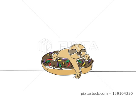 One line drawing of adorable sloth features slow forest animal sitting inside sprinkled donut for pastry food concept. Colorful art is ideal for nursery poster purpose and kids bedroom decoration art One line drawing of adorable sloth features slow forest animal sitting inside sprinkled donut for pastry food concept. Colorful art is ideal for nursery poster purpose and kids bedroom decoration art 139104350