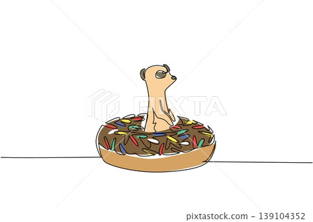 One line drawing of adorable meerkat for sweet snack concept features cute playful safari animal sitting inside donut. Colorful graphic for kids wall decor purpose with tan wild desert mammal creature One line drawing of adorable meerkat for sweet snack concept features cute playful safari animal sitting inside donut. Colorful graphic for kids wall decor purpose with tan wild desert mammal creature 139104352
