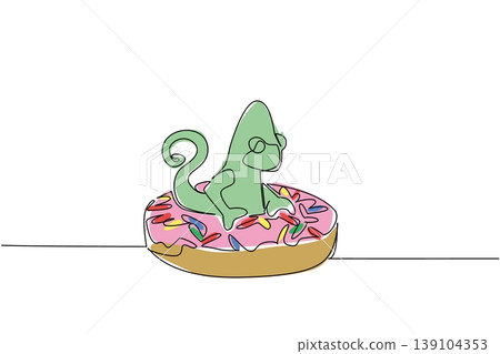Single line drawing of cute charming animal shows green chameleon lying inside sprinkled donut for pastry food concept. Colorful art is perfect for nursery poster purpose with adorable forest reptile 139104353