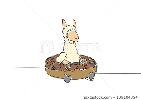 One line drawing of colorful woolly alpaca depicts cute animal sitting inside sweet donut for pastry food concept. White adorable llama design for kids stationery purpose with the fluffy farm mammal 139104354