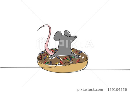 Single line drawing of adorable grey mouse for sweet food concept features cute charming animal sitting inside glazed donut. Colorful art for kids wall decor purpose with playful rodent pet creature Single line drawing of adorable grey mouse for sweet food concept features cute charming animal sitting inside glazed donut. Colorful art for kids wall decor purpose with playful rodent pet creature 139104356
