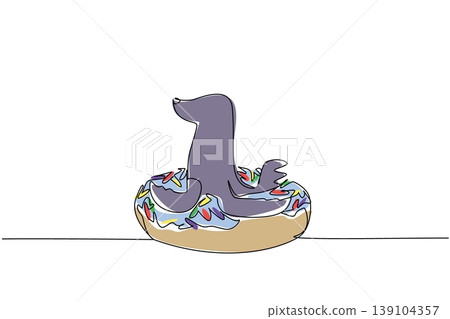 One line draw of adorable sea lion for dessert food concept features charming cute animal sitting inside sprinkled donut. Colorful graphic for nursery poster purpose with grey marine mammal creature One line draw of adorable sea lion for dessert food concept features charming cute animal sitting inside sprinkled donut. Colorful graphic for nursery poster purpose with grey marine mammal creature 139104357