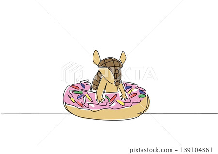 One line drawing of brown armored armadillo for snack concept features cute adorable animal sitting inside glazed donut. Colorful art represents kids wall decor purpose with a playful mammal creature One line drawing of brown armored armadillo for snack concept features cute adorable animal sitting inside glazed donut. Colorful art represents kids wall decor purpose with a playful mammal creature 139104361