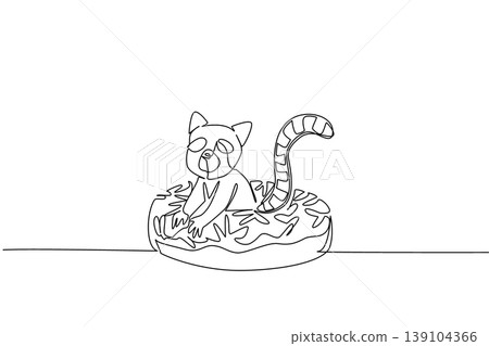 Single line drawing of lemur shows cute animal sitting inside sweet donut for pastry food concept. Unique design features stripped tail primate for kids wall decor purpose in minimalist style art Single line drawing of lemur shows cute animal sitting inside sweet donut for pastry food concept. Unique design features stripped tail primate for kids wall decor purpose in minimalist style art 139104366