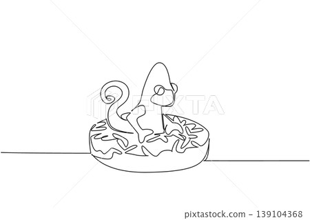 Continuous line drawing of cute adorable chameleon depicts exotic lizard animal lying inside glazed donut for pastry food concept. Simple illustration fits nursery poster purpose for reptile lover Continuous line drawing of cute adorable chameleon depicts exotic lizard animal lying inside glazed donut for pastry food concept. Simple illustration fits nursery poster purpose for reptile lover 139104368