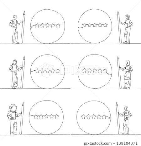 Continuous line drawing features a man, woman, Arab, astronaut, and robot holding a giant pencil to sketch five stars. Engaging education concept suited for children coloring page with business theme. Continuous line drawing features a man, woman, Arab, astronaut, and robot holding a giant pencil to sketch five stars. Engaging education concept suited for children coloring page with business theme. 139104371