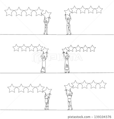 One line drawing features a man, woman, Arab, astronaut, and robot lifting a star to complete a five star review rating. An excellent quality concept suited for a customer satisfaction poster. One line drawing features a man, woman, Arab, astronaut, and robot lifting a star to complete a five star review rating. An excellent quality concept suited for a customer satisfaction poster. 139104376