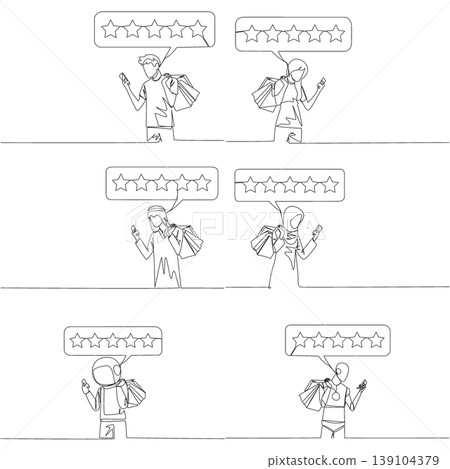 Single line drawing shows a man, woman, Arab, astronaut, and robot holding phone and shopping bags with a five star review rating bubble. A retail customer satisfaction concept ideal for sales poster. Single line drawing shows a man, woman, Arab, astronaut, and robot holding phone and shopping bags with a five star review rating bubble. A retail customer satisfaction concept ideal for sales poster. 139104379