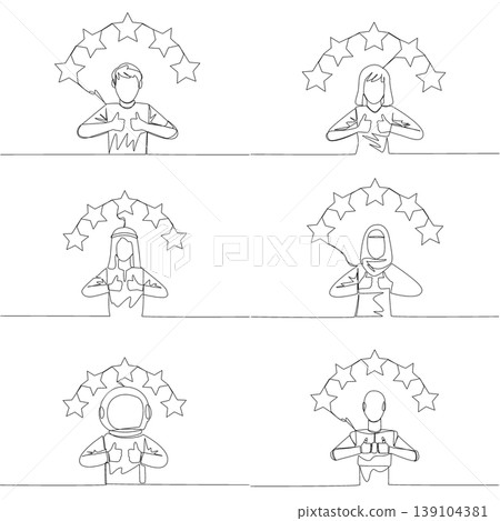 One line drawing presents a man, woman, Arab, astronaut, and robot showing double thumbs up under a five star rating arch. An excellent customer satisfaction review concept ideal for a website banner. 139104381