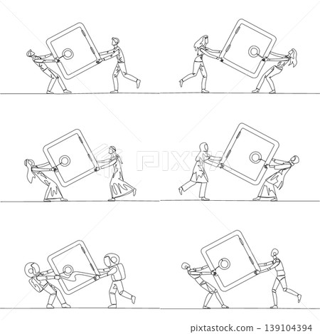 Single line drawing features a man, woman, Arab, astronaut, and robot fight pulling a heavy bank safe. A brilliant secure finance concept perfectly designed for an investment business presentation. Single line drawing features a man, woman, Arab, astronaut, and robot fight pulling a heavy bank safe. A brilliant secure finance concept perfectly designed for an investment business presentation. 139104394