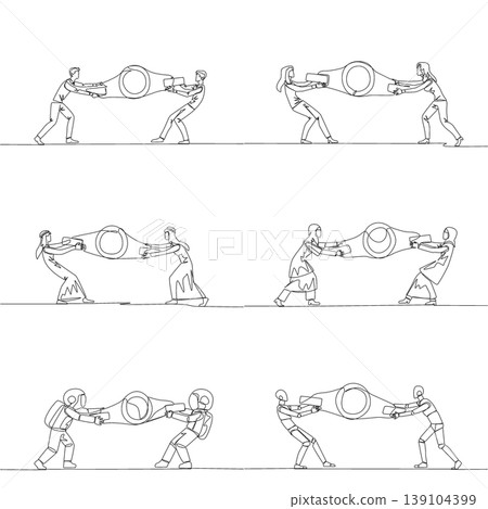 Single line drawing features a man, woman, arab, astronaut, and robot pulling a winner match belt. An intense business rivalry concept suited for a sports magazine cover layout design. 139104399