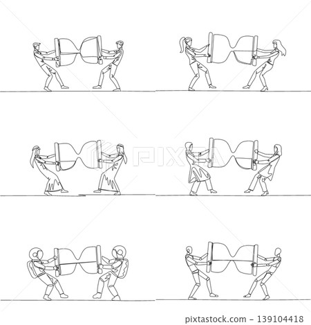 One line drawing presents a man, woman, Arab, astronaut, and robot fight pulling a big hourglass. An engaging time management concept suited perfectly for a corporate productivity poster layout. One line drawing presents a man, woman, Arab, astronaut, and robot fight pulling a big hourglass. An engaging time management concept suited perfectly for a corporate productivity poster layout. 139104418