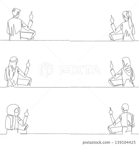 Set of single line drawing displays a man, woman, Arab, astronaut, and robot speech while pointing up from behind a podium. A public announcement concept suited for an election campaign poster layout. Set of single line drawing displays a man, woman, Arab, astronaut, and robot speech while pointing up from behind a podium. A public announcement concept suited for an election campaign poster layout. 139104425