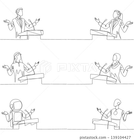 Set of continuous line drawing shows man, woman, Arab, astronaut, and robot shrugging shoulders at a podium while oration. Open discussion concept perfectly suited for corporate brainstorming layout. Set of continuous line drawing shows man, woman, Arab, astronaut, and robot shrugging shoulders at a podium while oration. Open discussion concept perfectly suited for corporate brainstorming layout. 139104427