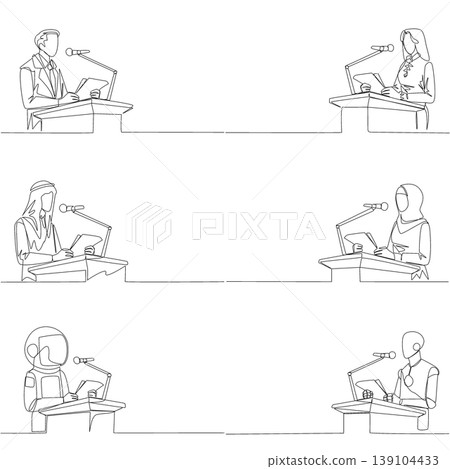 Set of single line drawing features a man, woman, Arab, astronaut, and robot reading a document while speech at podium. A formal business report concept designed for a seminar conference presentation. 139104433