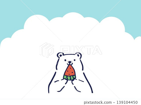 A background image of a polar bear eating watermelon against a summer blue sky and clouds. (Horizontal background) A background image of a polar bear eating watermelon against a summer blue sky and clouds. (Horizontal background) 139104450
