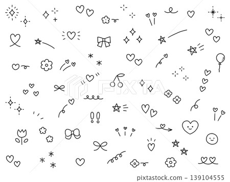 A set of hand-drawn decorative vector illustrations. Includes hand-drawn styles, speed lines, ribbons, doodles, hearts, and stars. 139104555