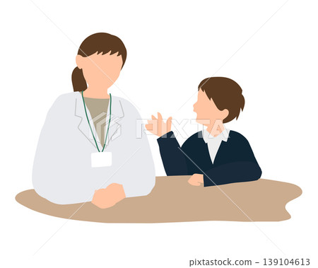 An illustration of a young boy talking to his teacher in the school infirmary (a positive conversation). An illustration of a young boy talking to his teacher in the school infirmary (a positive conversation). 139104613