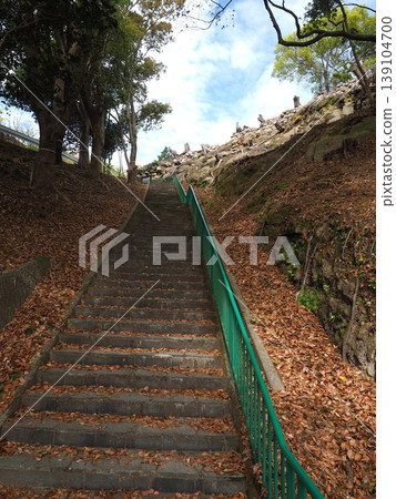 A historic staircase leading from the parking lot of Mikumayama to the main keep of Sumoto Castle. A historic staircase leading from the parking lot of Mikumayama to the main keep of Sumoto Castle. 139104700