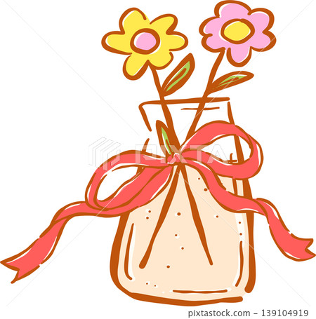 Preppy Flowers in a Vase with Ribbon Whimsical Hand Drawn 139104919