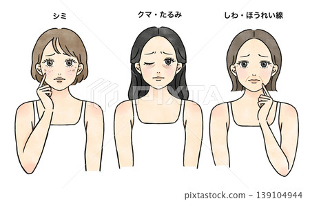 插圖描繪了一位30多歲或40多歲的女性,她患有皮膚問題。 插圖描繪了一位30多歲或40多歲的女性,她患有皮膚問題。 139104944