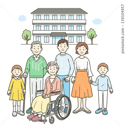 一對坐在輪椅上的老夫婦、一對年輕夫婦和他們的孩子站在一家養老院前。 139104957