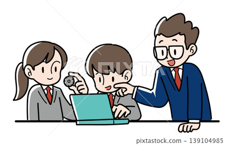 An illustration of the upper bodies of three people: a male and female student learning using a computer and gears, and a teacher smiling and instructing them. An illustration of the upper bodies of three people: a male and female student learning using a computer and gears, and a teacher smiling and instructing them. 139104985