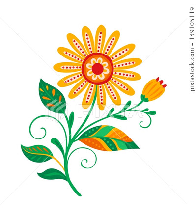 Mexican ethnic embroidery spring flower element with yellow petals ornate leaves. Mexico culture colorful nature object, Hispanic ethnic flower vector decor. Mexican folk floral isolated decoration Mexican ethnic embroidery spring flower element with yellow petals ornate leaves. Mexico culture colorful nature object, Hispanic ethnic flower vector decor. Mexican folk floral isolated decoration 139105119