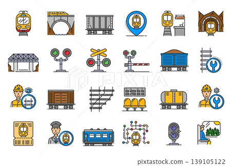 Railroad train and railway color icons of subway transport or metro, vector pictograms. Railroad and railway line icons of metro station or tram tickets, railway traffic lights and engineer technician Railroad train and railway color icons of subway transport or metro, vector pictograms. Railroad and railway line icons of metro station or tram tickets, railway traffic lights and engineer technician 139105122